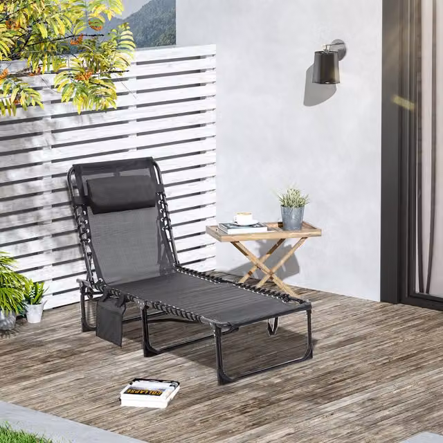 Outsunny Portable Folding Camping Sun Lounger with Adjustable Headrest, Black