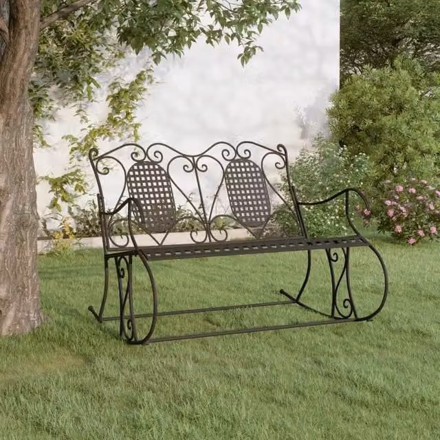 Berkfield Home 2-Seater Classic Rocking Garden Bench in Matt Black Steel, Width: 113 cm