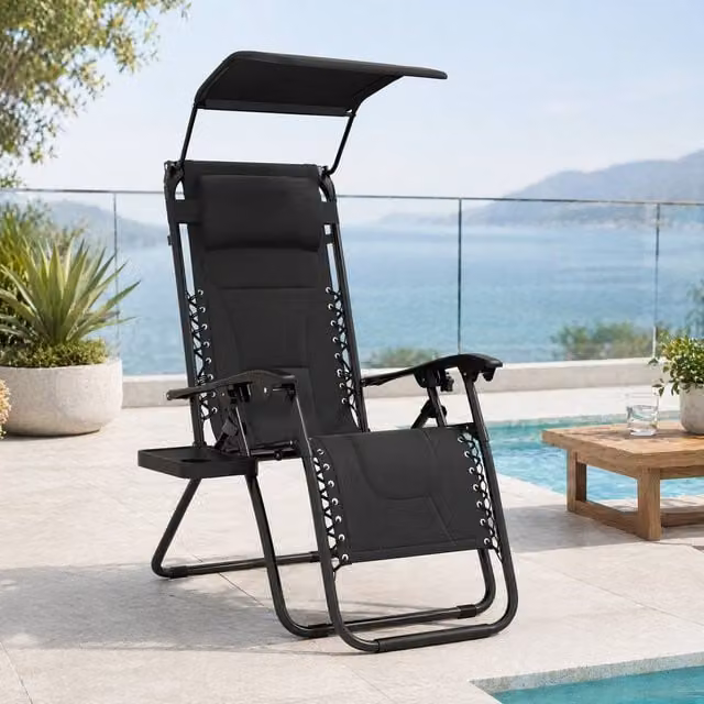 STILVORA Black Fabric Reclining Chair with Sun Canopy, Adjustable Headrest and Side Tray – 1