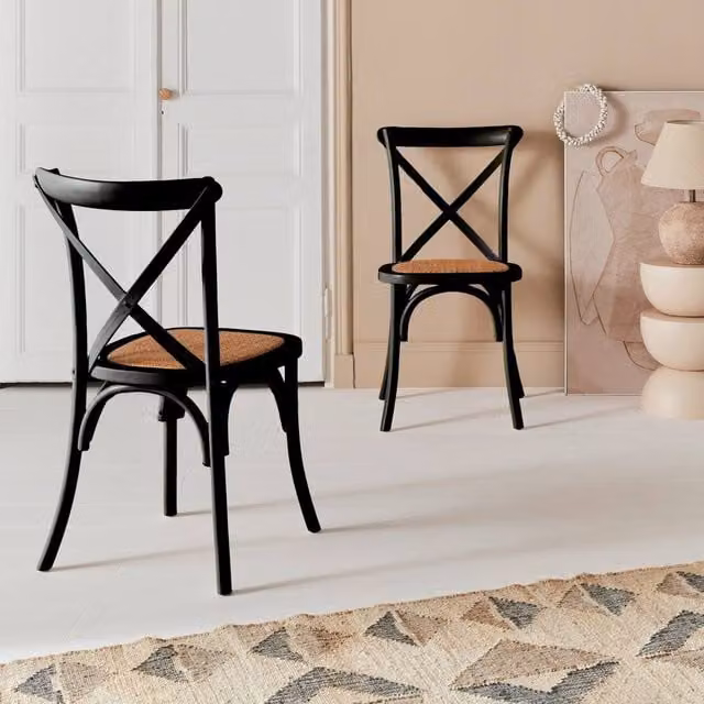 sweeek Set of 2 Black Vintage Wooden and Rattan Bistro Chairs – 1