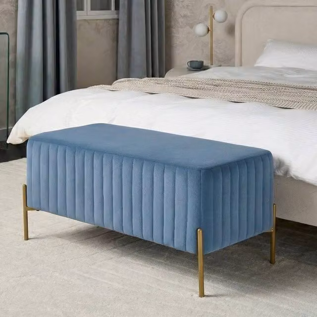 Wyld and Coco Blue Velvet Bench with Gold Metal Legs W/D/H: 91 x 47 x 43 cm – 1