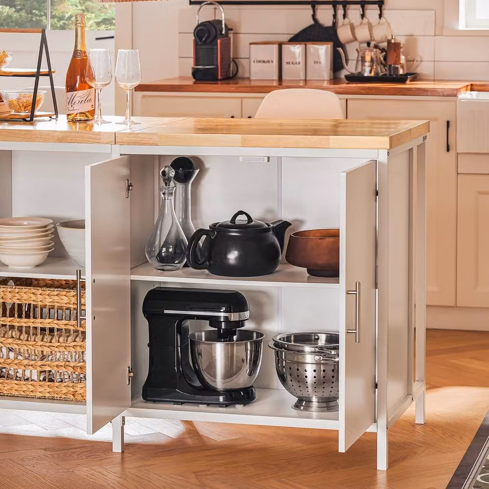 SoBuy Mobile Kitchen Island in White with Natural Wood Top and Country House Style – 4