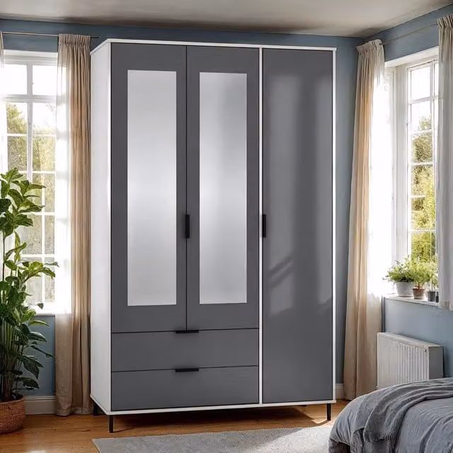Seconique Modern Glossy 3 Door 2 Drawer Wardrobe in Grey, White and Black