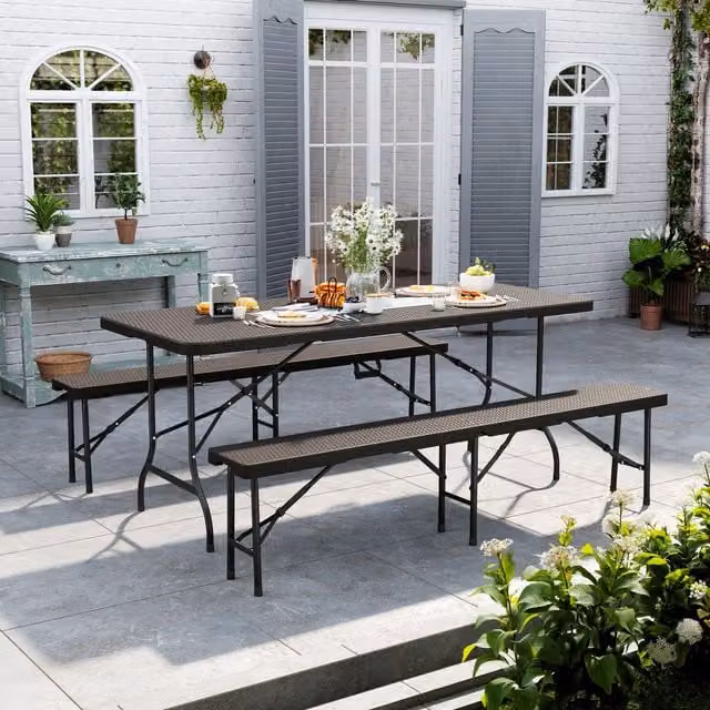 Livingandhome Brown Outdoor Foldable Camping Table and Bench Set with Rattan Weave Effect