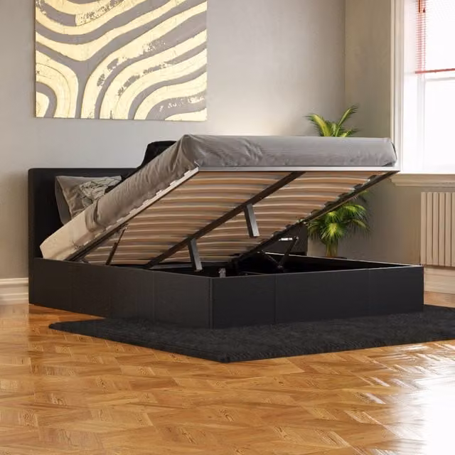 Vida Designs Lisbon Faux Leather Ottoman Bed in Black, W/D/H: 140 x 200 cm