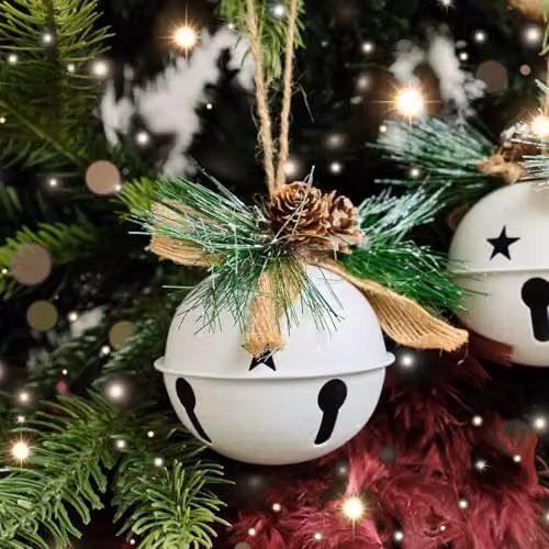 Melody Maison Set of 2 White and Green Christmas Bell Hanging Decorations with Foliage, 8 cm – 2