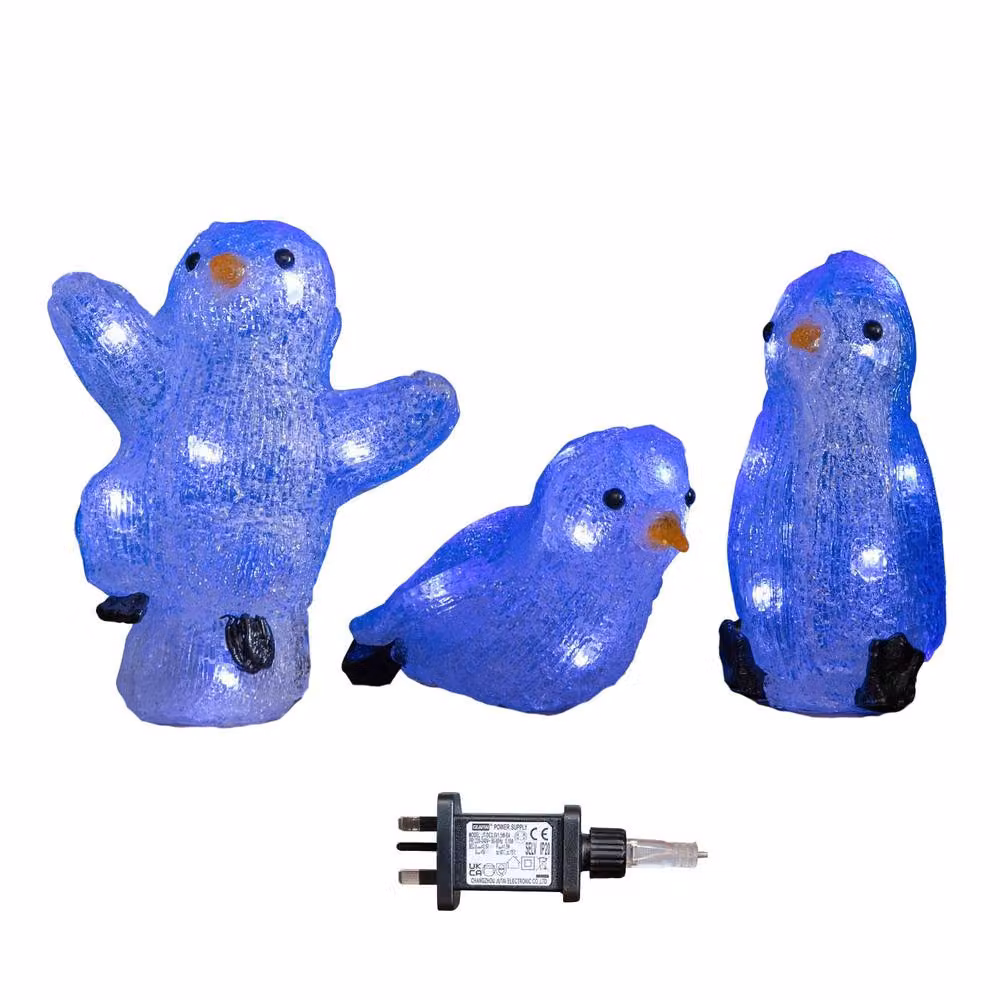Samuel Alexander Set of 3 Light Up Acrylic Christmas Penguins with 30 Ice White LEDs, Blue, White and Transparent, Height: 23 cm – 3