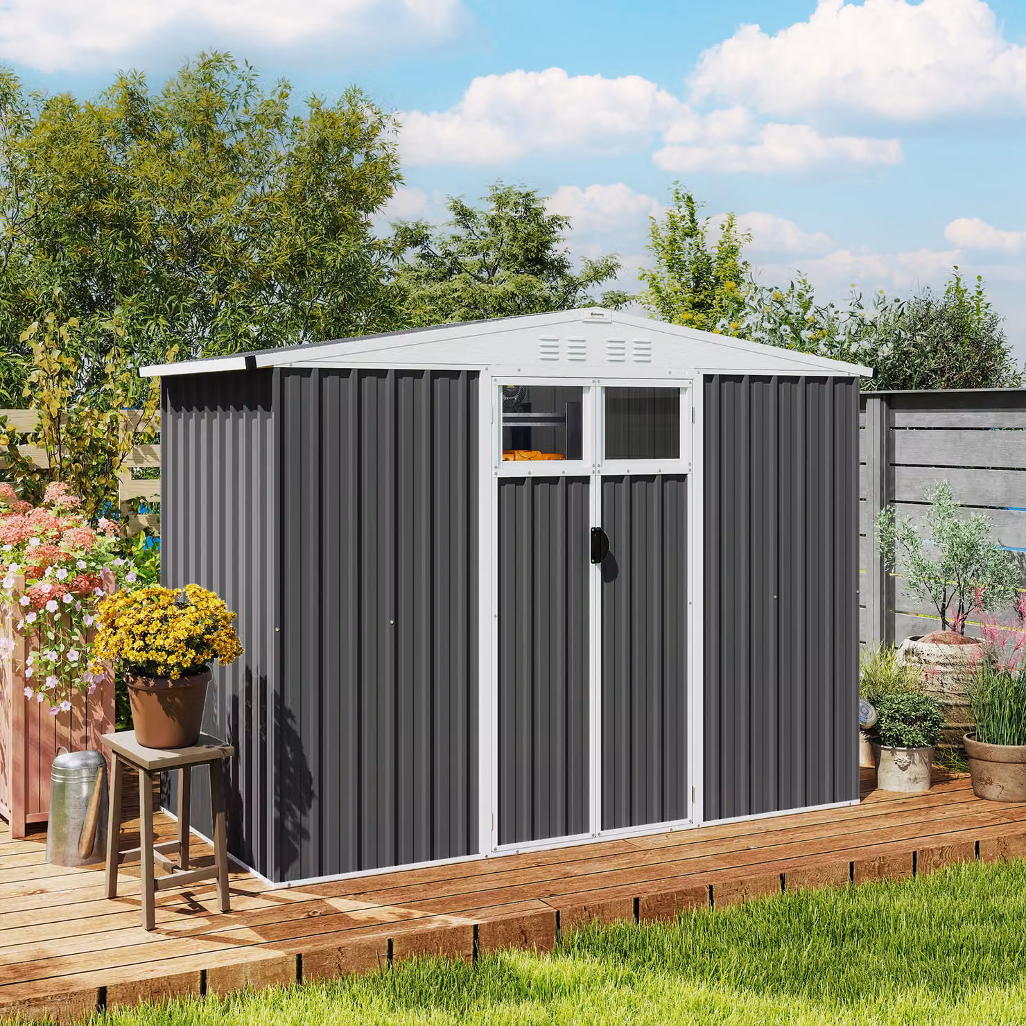 Outsunny Galvanised Steel Garden Storage Shed with Window and Lockable Double Doors, Dark Grey, W/D/H: 243.8 x 121.9 x 180.0 cm – 7