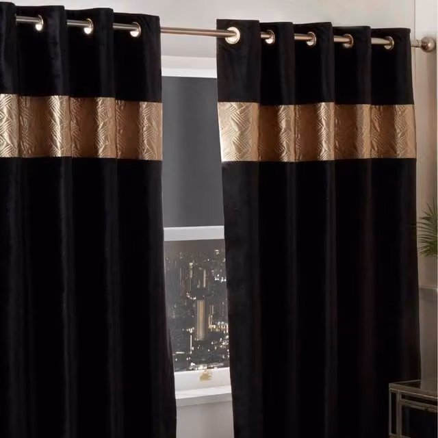 Rapport Home Capri Gold and Black Velvet Eyelet Curtains, Pair of 2 Fabric Panels