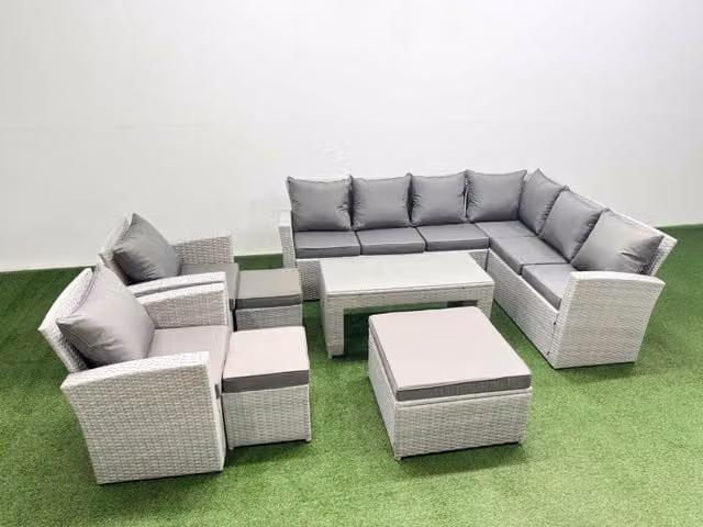 Fimous 8 Piece Rattan Garden Furniture Set in Grey with Upholstered Cushions and Powder Coated Steel Frame