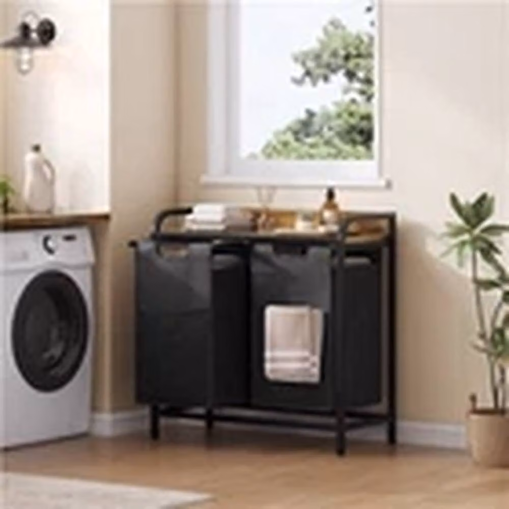 EONLION 2-Compartment Laundry Hamper with Wooden Top and Pull-Out Sorter in Black and Brown – 3