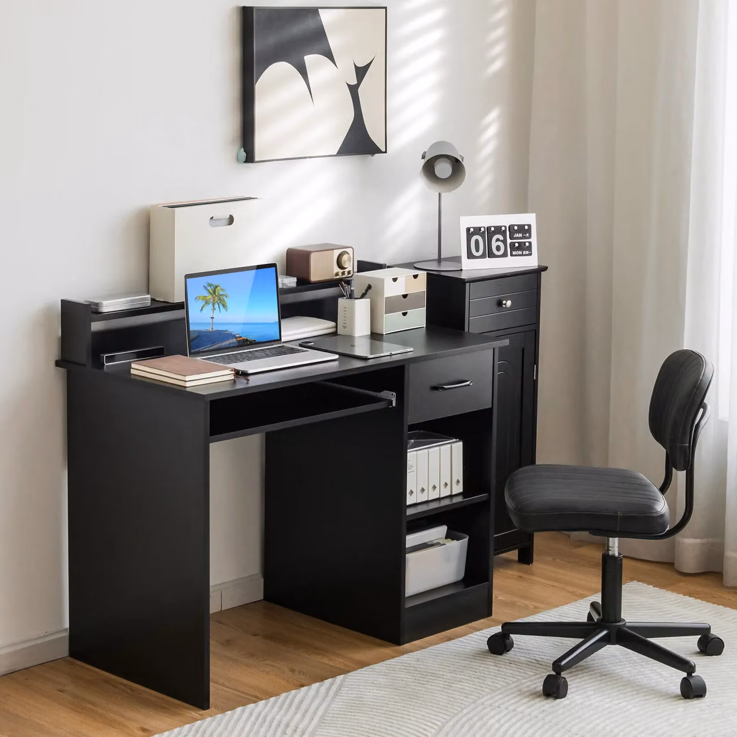 Gymax Modern Computer Desk with Display Shelf and Drawer in Black – 10