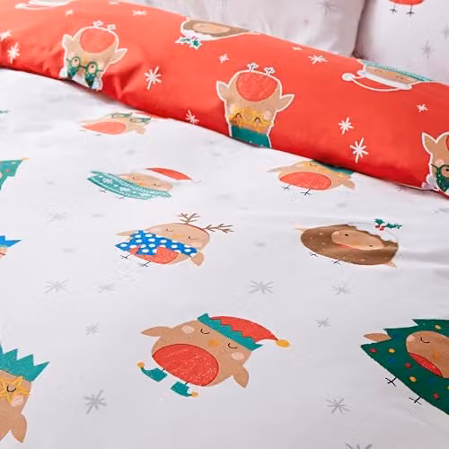 Catherine Lansfield Christmas Party Robins Reversible Single Duvet Cover and Pillowcase Set in Grey, White and Red, W/D/H: 135 x 200 cm and 50 x 75 cm – 2