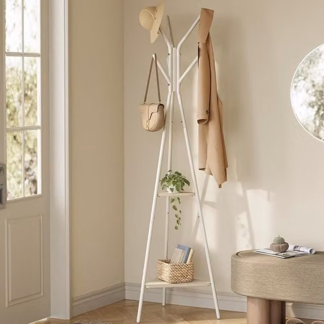 The Bazaarist Industrial Style Hall Tree Stand with Hooks and 2 Storage Shelves in Natural Beige and Pearl White