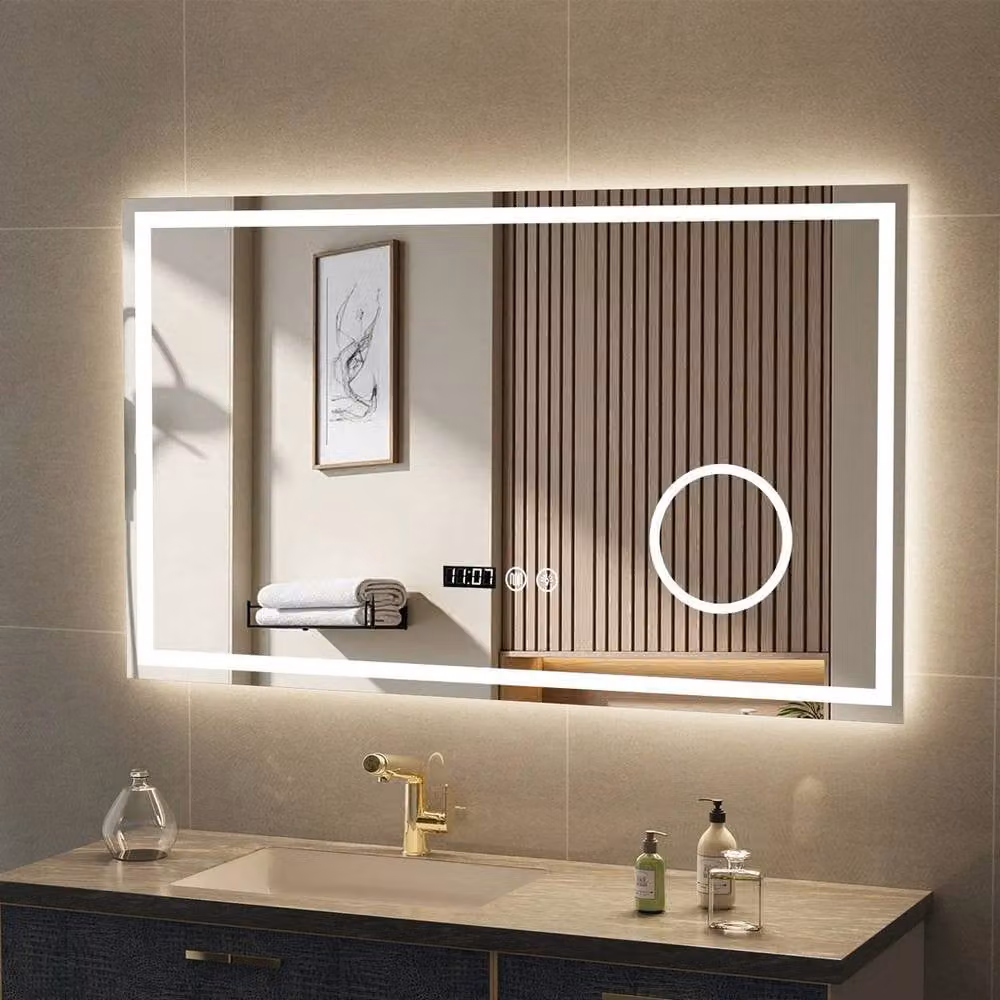 PAWNORA Dimmable LED Wall Mounted Rectangular Bathroom Mirror with Shaver in Beige – 5