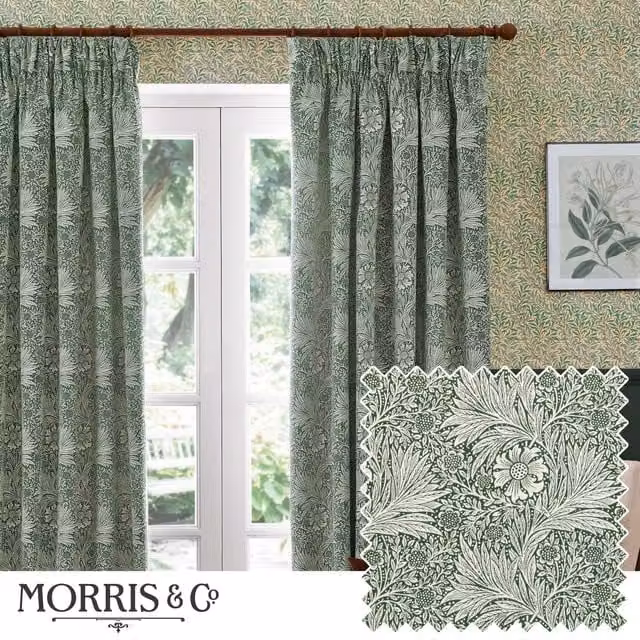 Morris & Co Marigold Jacquard Floral Pencil Pleat Curtains in Green, Width: 168 cm, Drop: 229 cm – 1