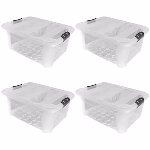 JVL Set of 4 Plastic Secure Clip Lidded Storage Boxes with Wheels, Transparent, 60L, W/D/H: 56.5 x 43.0 x 40.0 cm