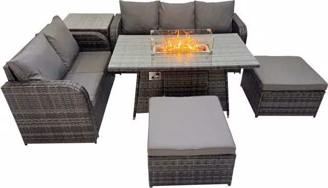 Fimous Outdoor Rattan Furniture Set with Fire Pit Table, Love Sofa and 3-Seater in Dark Grey Mixed