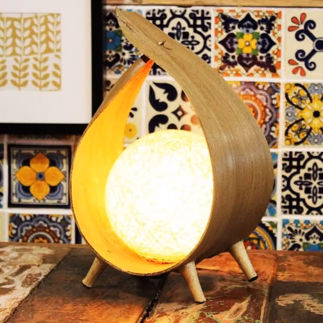 KDMK Natural Coconut Shell Loop Lamp in Brown and Yellow with Warm White Light