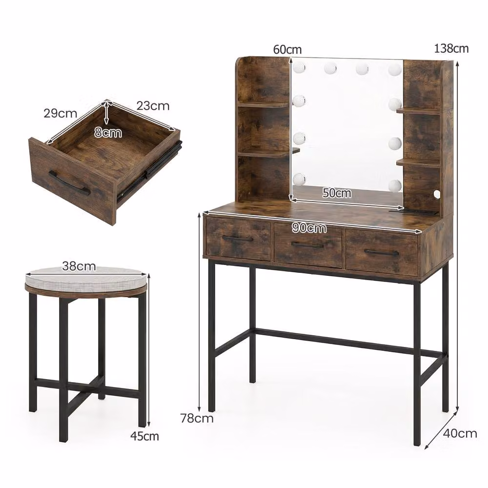 Costway Brown Industrial Vanity Desk Set with Hollywood LED Mirror, Stool, and Power Outlets – 2