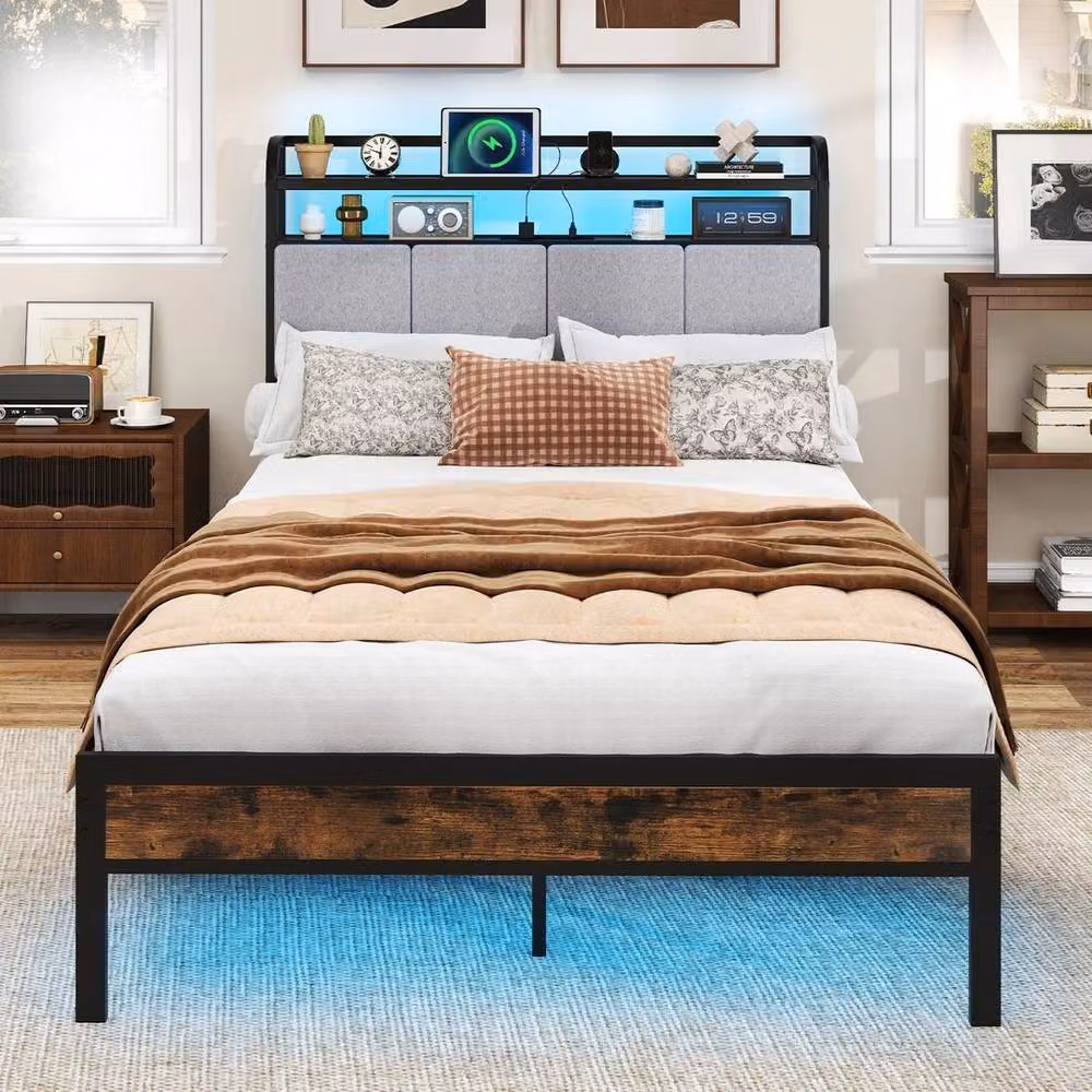 KORVIXA Double Size Industrial Metal Platform Bed Frame with Under-Bed Lighting, USB Charging Ports and Side Compartments, Black, W/D/H: 140 x 200 cm – 3