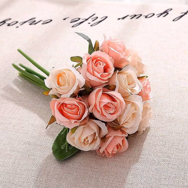 YnysTec 12 Head Artificial Silk Rose Wedding Bouquet in Light Pink