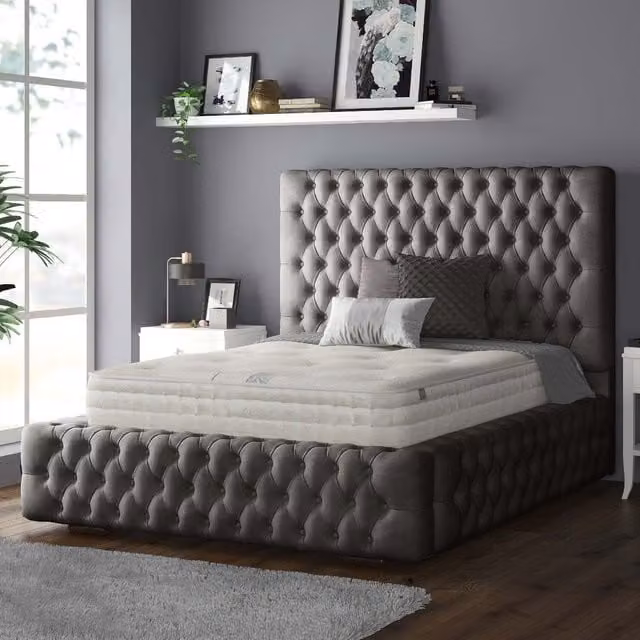 IH Design Royal Cushioned Chesterfield Plush Velvet Bed Frame, Grey, 140 x 200 cm