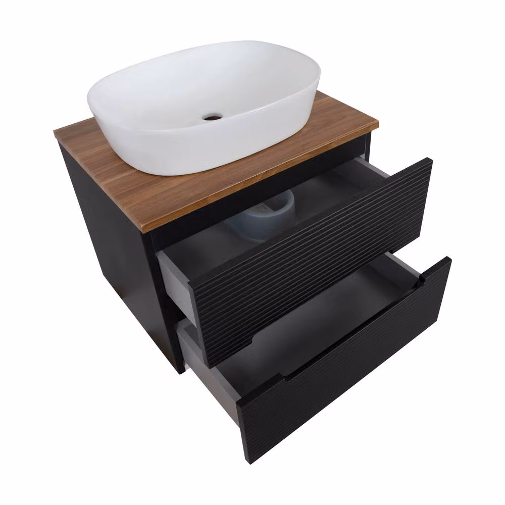 Bathroom Kingdom Monza Fluted Wall Hung Vanity Basin in Black and Walnut, Width: 60 cm – 2