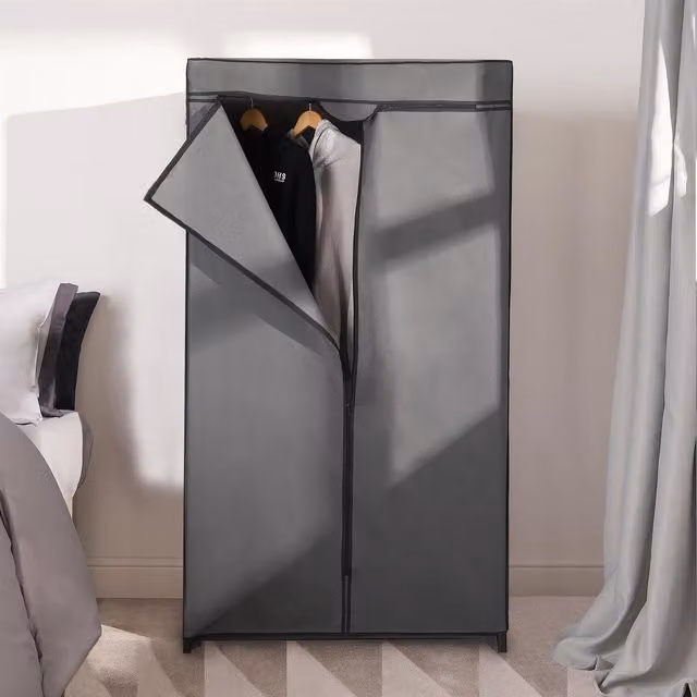 OHS Grey Fabric Single Clothes Storage Wardrobe with Hanging Rod