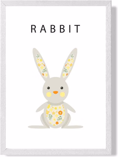 ARTZE Cute Yellow Floral Rabbit Framed Paper Poster in White Frame