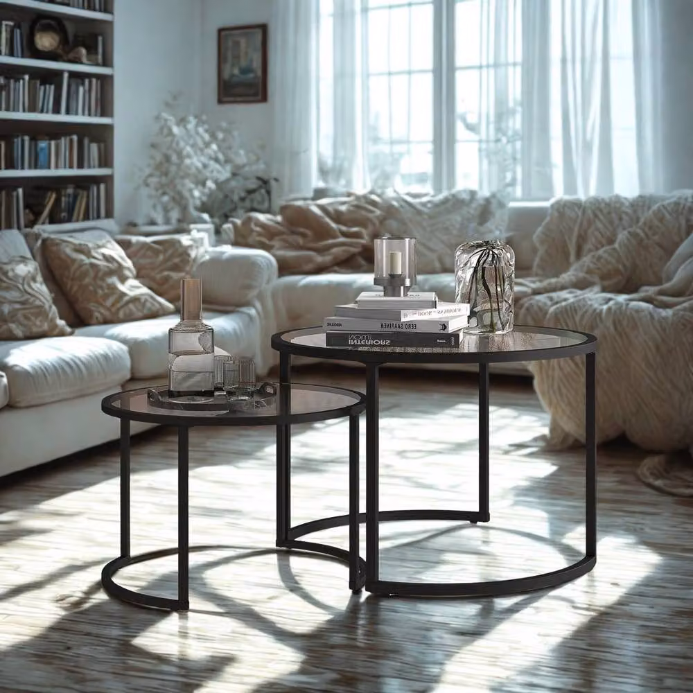 FURNOS Set of 2 Round Black Nesting Tables with Tempered Glass Tops – 2