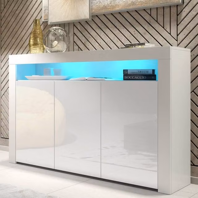 Mex Furniture LTD Aether Sideboard in White with Glossy Doors and Integrated Lighting, W: 155 cm, H: 92 cm, D: 40 cm – 1