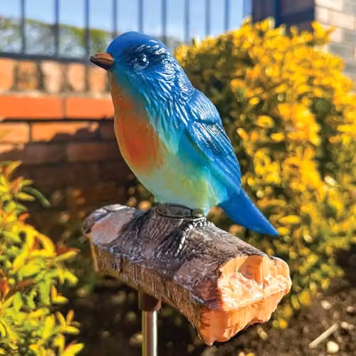 GardenKraft Chirping Bluebird Solar Light with Singing Bird Sounds, Blue and Gold, Warm White LED with Stainless Steel Ground Stake – 5