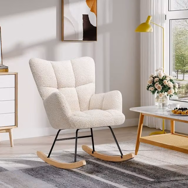 Livingandhome Modern Bouclé Rocking Armchair with Armrests in Beige and White