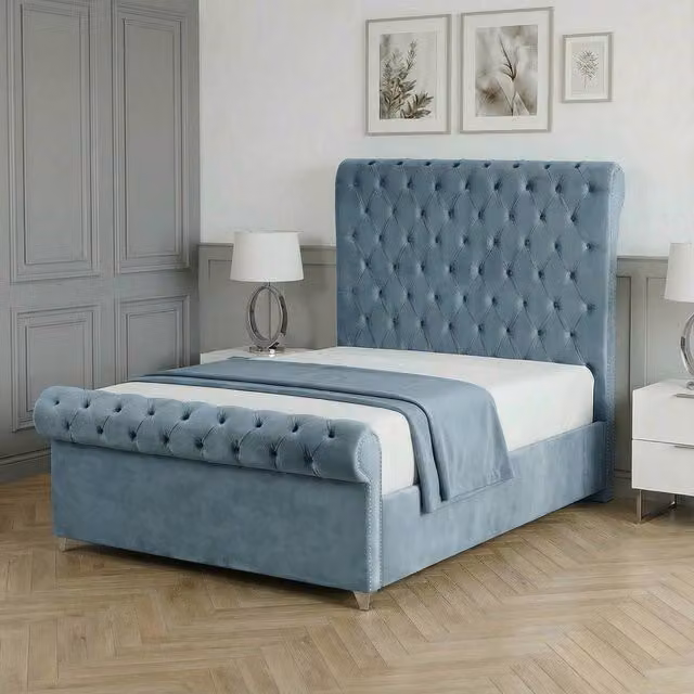 Living Comfort Bedz Regency Sleigh Slatted Base Upholstered Velvet Bed in Blue, W/D/H: 120 x 200 cm