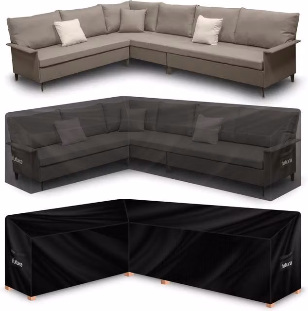 Futura Black Waterproof L-Shaped Corner Sofa Garden Furniture Cover with Oxford Fabric and Elastic Band, Width: 222 cm