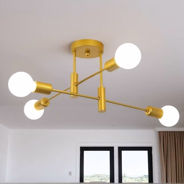 NIVOR 4-Light Industrial Mid Century Flush Mount Ceiling Chandelier in Metallic Gold/Brass with E27 Bulbs