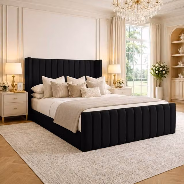 Desire Deco Plush Velvet Wingback Edward Panel Bed Frame in Black, Size: Single (90 x 190 cm)