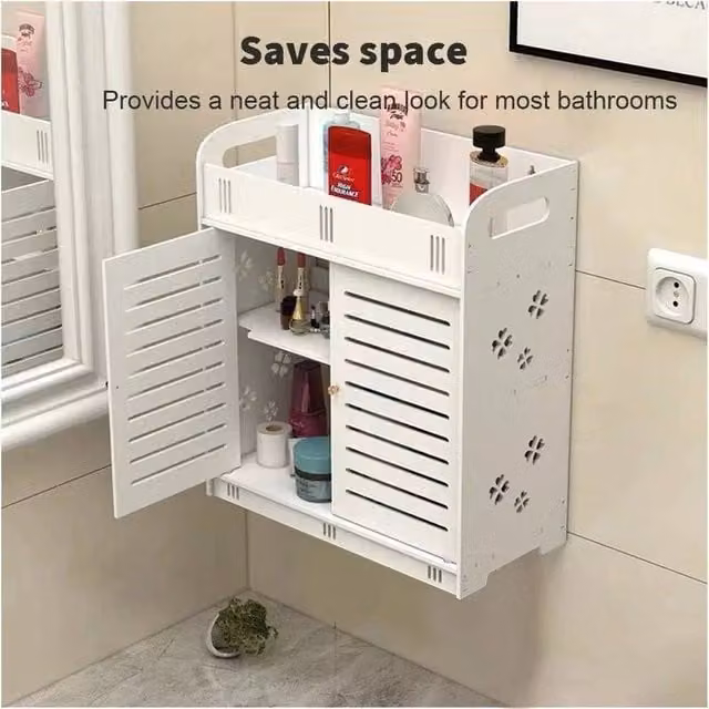 SPETLEK White Small Floating Wall Mounted Bathroom Cabinet with Hinged Doors and Internal Shelves
