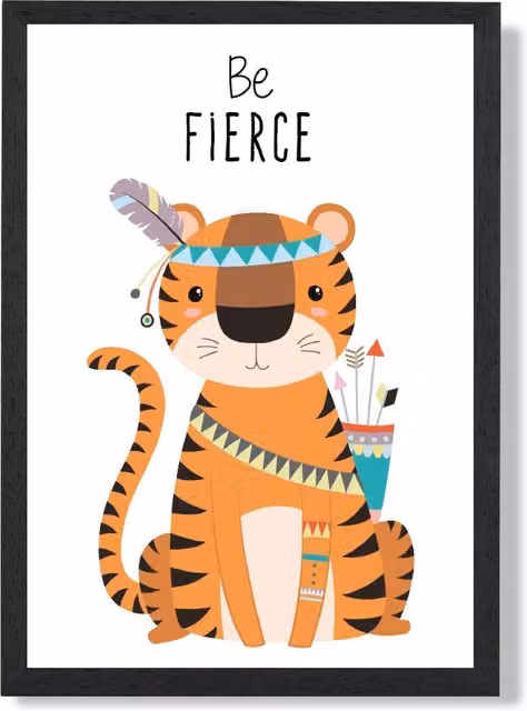 ARTZE Be Fierce Tiger Tribal Animal Quote Framed Print, Orange and Black, A3