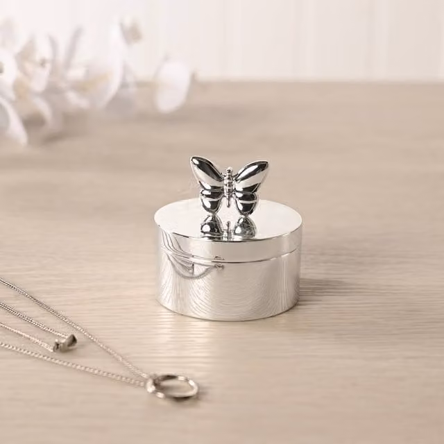 Sophia Silverplated Butterfly Round Trinket Box in Silver