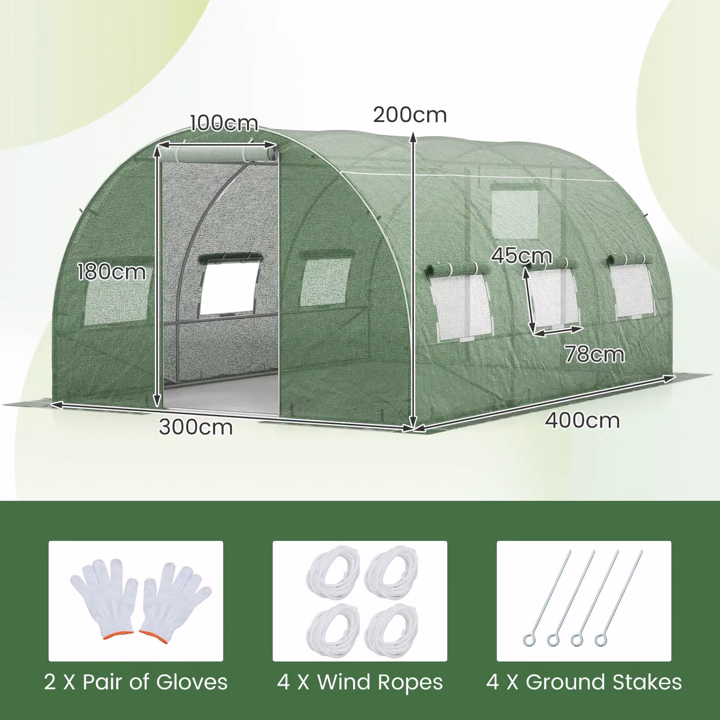 Costway Green Outdoor Walk-in Tunnel Greenhouse with Roll-up Windows, W/D/H: 400 x 300 x 200 cm – 2