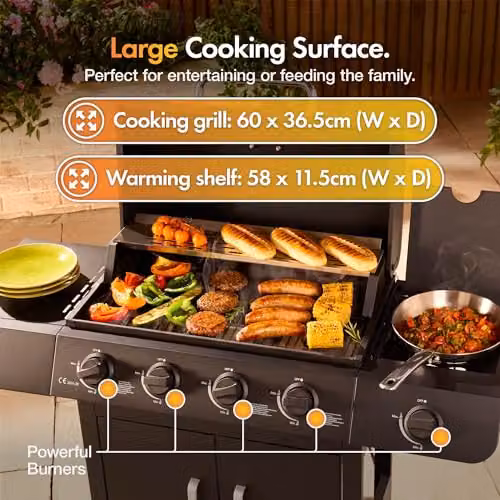 VonHaus Black Gas BBQ with 4+1 Burners, Side Burner, Warming Rack, Thermometer and Storage Cart – 4