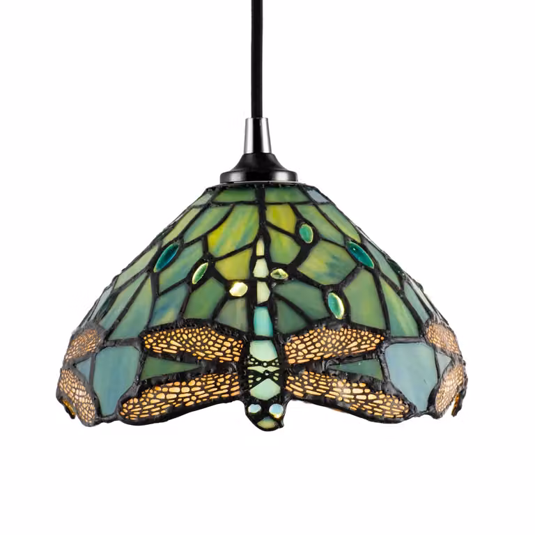 Happy Homewares Dragonfly Stained Glass Tiffany Pendant Lighting Shade with Beads in Emerald Green
