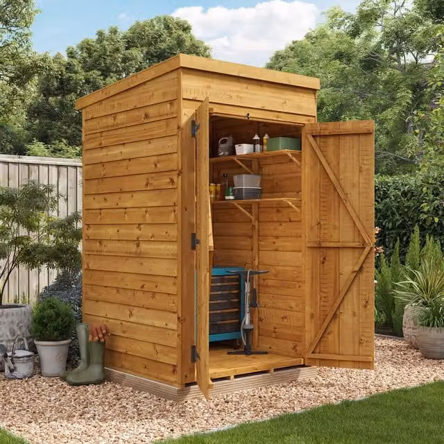 BillyOh Switch Overlap Pent Wooden Garden Shed in Brown with Double Doors and Floor
