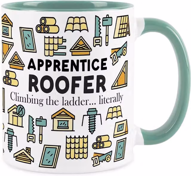 Purely Home Novelty Apprentice Roofer Ceramic Mug in Turquoise and White