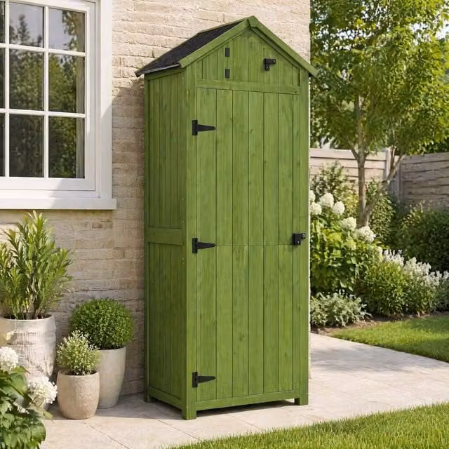 STILVORA Green Lacquered Wood Garden Storage Cabinet with Internal Shelves and Lock – 1