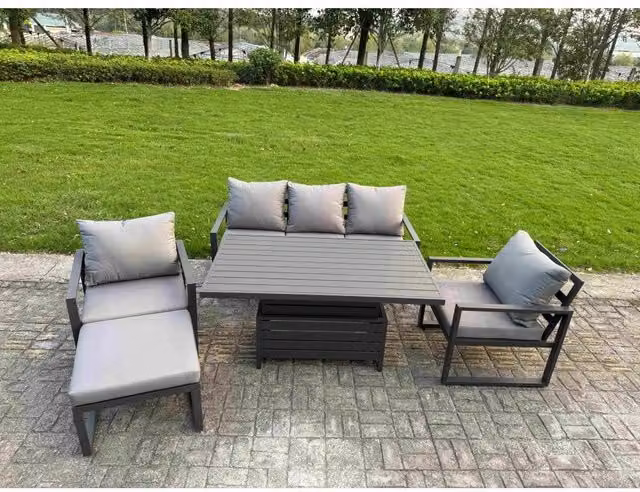 Fimous 5-Piece 6-Seater Powder Coated Aluminium Garden Sofa Set with Height Adjustable Lifting Table and Stool in Matt Dark Grey