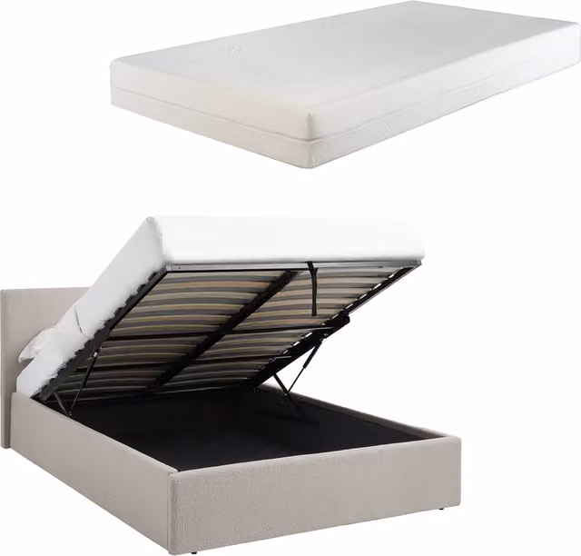 TEDDY BOUCLE Kingsize Ottoman Storage Bed in Beige with 15cm Foam Mattress, W/D/H: 180 x 200 cm