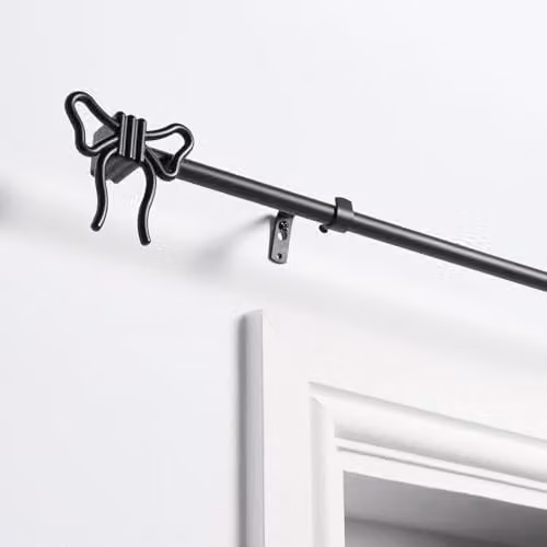 OHS Extendable Black Metal Curtain Pole with Bow Finials and Brackets, 120 to 210 cm